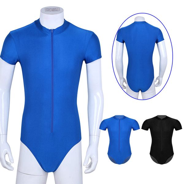 

new male ballet leotard mens short sleeve unitard bodysuit dance costumes men front zipper high cut body suit dancewear, Black;red
