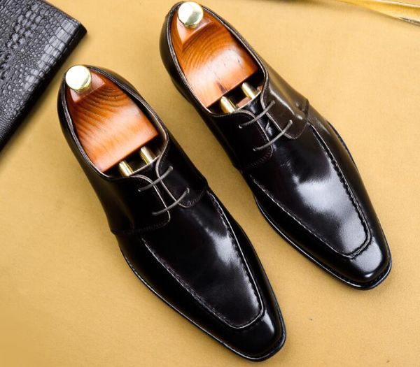 

men fashion pointed toe office dress leather shoes low lacing patent leather men oxfords shoes, Black