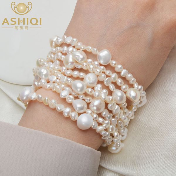 

ashiqi multilayer natural freshwater pearl bracelet for women gorgeous 8 strand bracelets 4-10mm pearl jewelry, Golden;silver