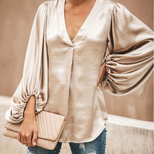 

new autumn women ladies fashion v neck satin blouse ladies elegant slim blouses casual loose solid color shirt for women, White