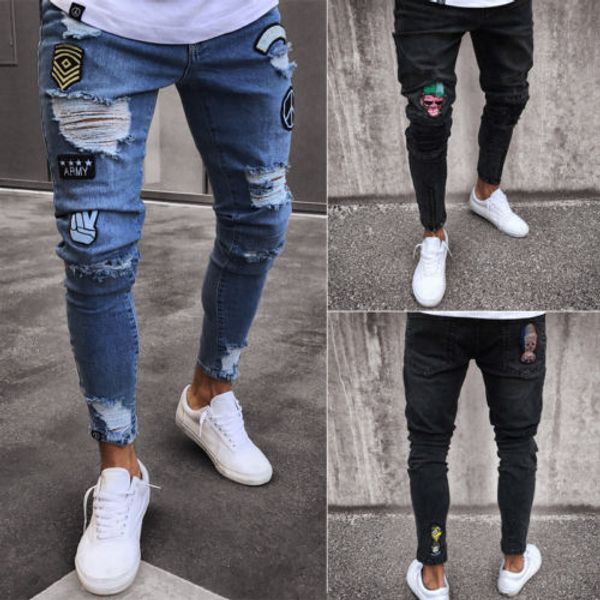 

fashion mens stretchy ripped skinny biker jeans destroyed taped slim fit denim hip hop pant rip long troursers, Blue