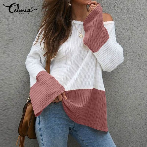 

2019 celmia women's autumn pullovers sweaters fashion long flare sleeve jumpers knit patchwork blusas pull femme plus size, White;black