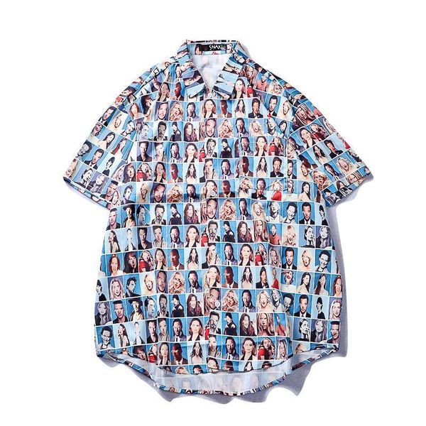 

harujuku shirt mens casual full printed turn-down collar men's shirts summer hip hop full printing hawaiian short sleeve shirt, White;black