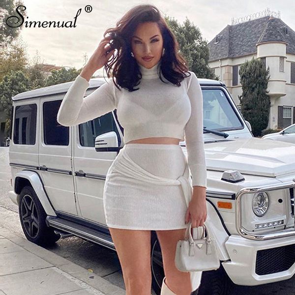 

simenual ribbed turtleneck bandage two piece sets women fashion solid skinny white outfits casual long sleeve and skirt set