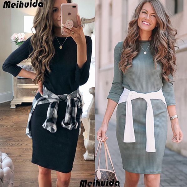 

new women casual dress 3/4 sleeve bodycon pencil dress knitted women clothes autumn spring, Black;gray