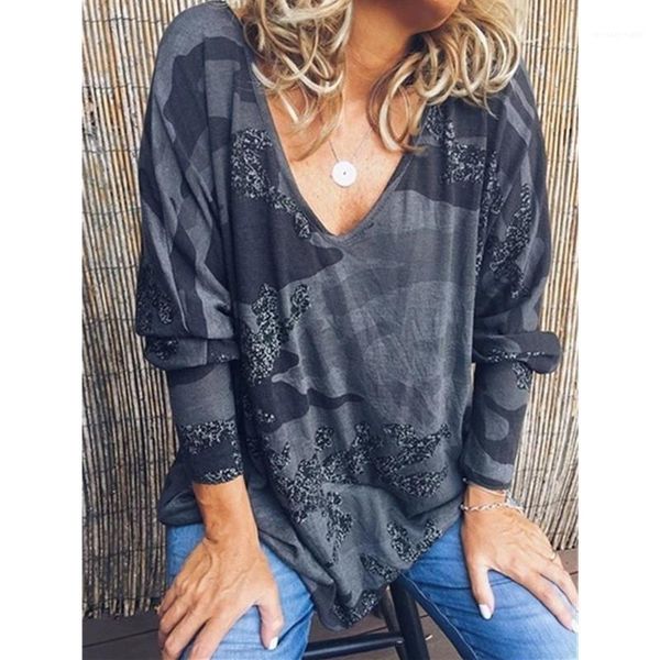 

casual womens clothing 2020 spring v neck tshirts camouflage printed womens, White