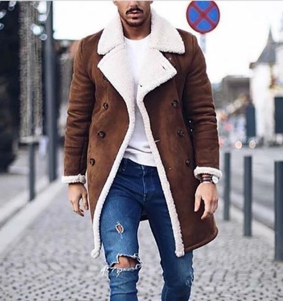 

mens designer winter jackets fashion thick warm fleece faux leather coats casual double breasted coats mens clothing, Black