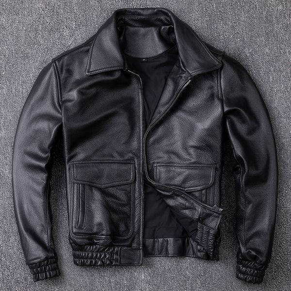 

genuine cow leather jackets men clothing 2019 cowhide leather pilot motorcycle jacket lapel large size coat, Black