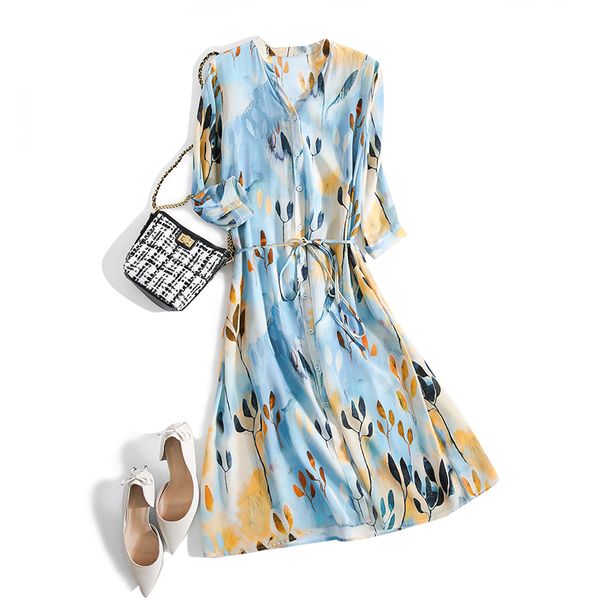 

women printed silk dresses 100%silk crepe v neck knee length belted office dress 2020 spring summer new, White;black