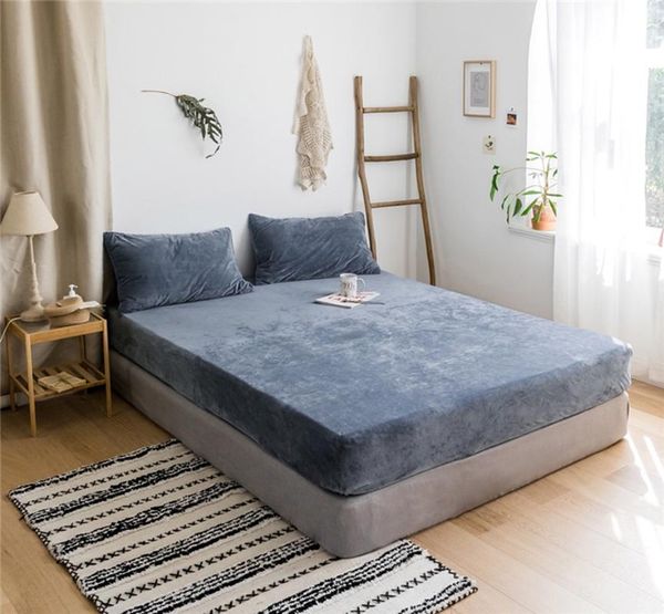 

bedding sets fitted sheet flat fuzz mattress cover solid color winter warm bed sheets with elastic band double  size