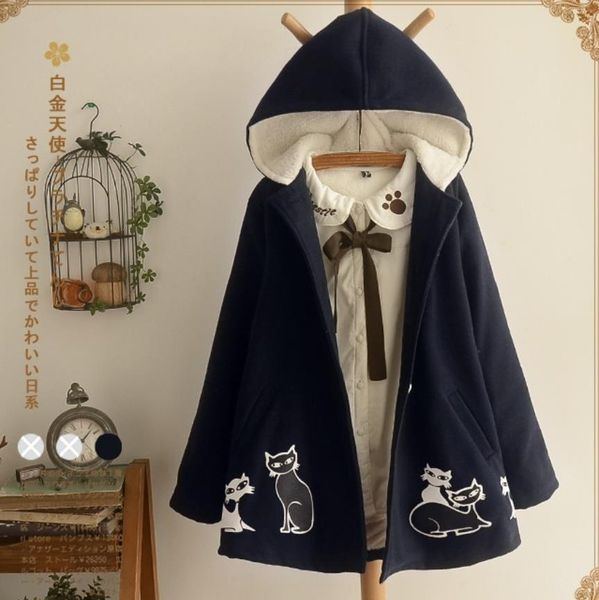 

japanese women cat print thicken fleece hooded woolen jacket sweet mori girl lolita winter jacket coat robe pull, Black