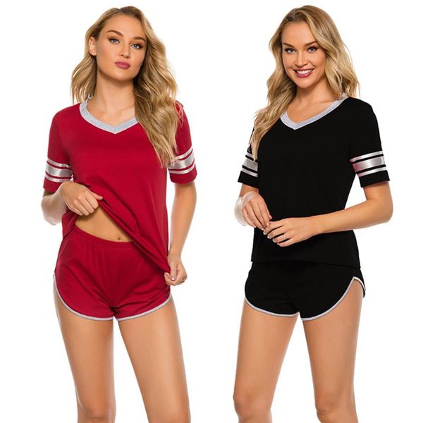 

summer two piece set casual outfits pajamas comfortable sleepwear short sleeve tee + shorts home clothes d30, Black;red