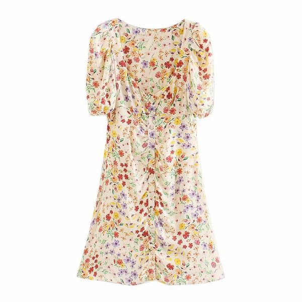 

new 2020 women sweet flower print pleats puff sleeve mini dress female single buttons vestido chic casual slim dresses, Black;gray