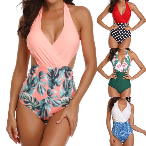 

new arrived print skinny bodysuits women padded floral lace-up print backless outdoor bikini halter one piece swimwear #c, Black;white
