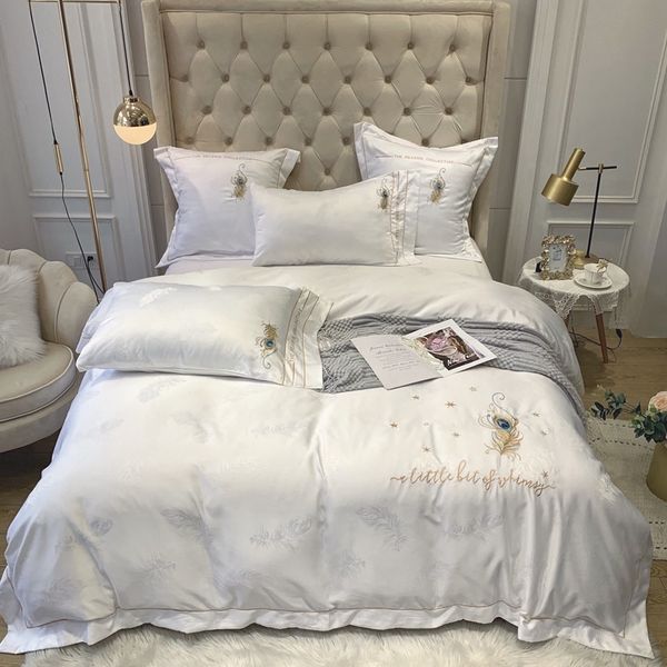 Bird Peacock Feather Pattern Embroidery White Grey Duvet Cover