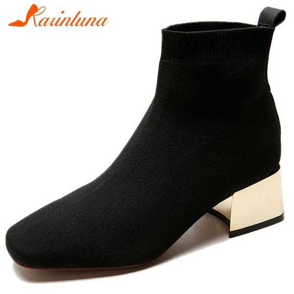 

karin new spring ladies high chunky heels boots fashion square toe sock boots women ankle stretch shoes woman, Black