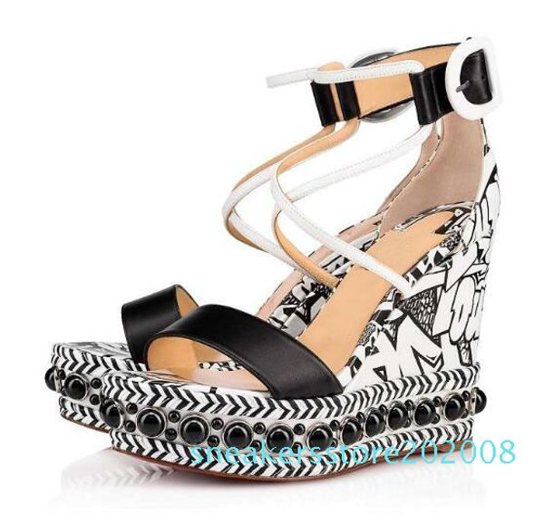 

lady red bottom shoes for wedge pearls studs women ankle strap gladiator sandals party wedding dress s08, Black