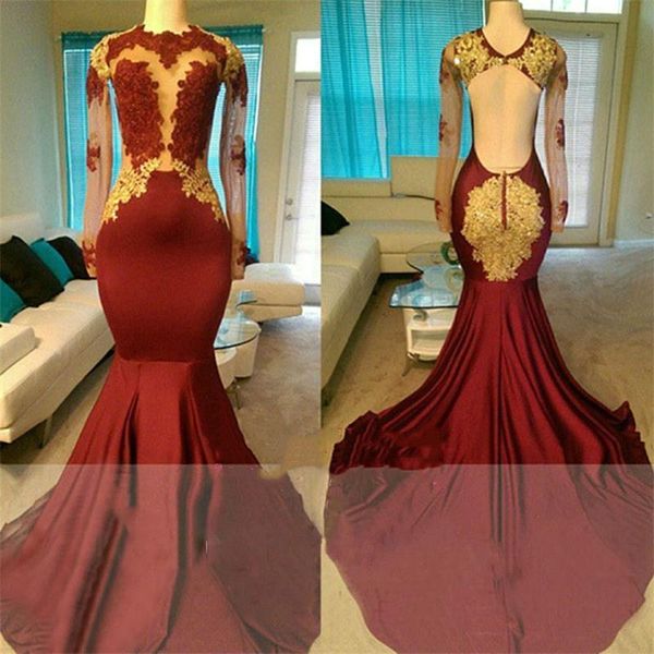 

dark red backless prom dresses 2019 high collar long sleeves with gold applique lace embellished evening gowns ba7879, Black