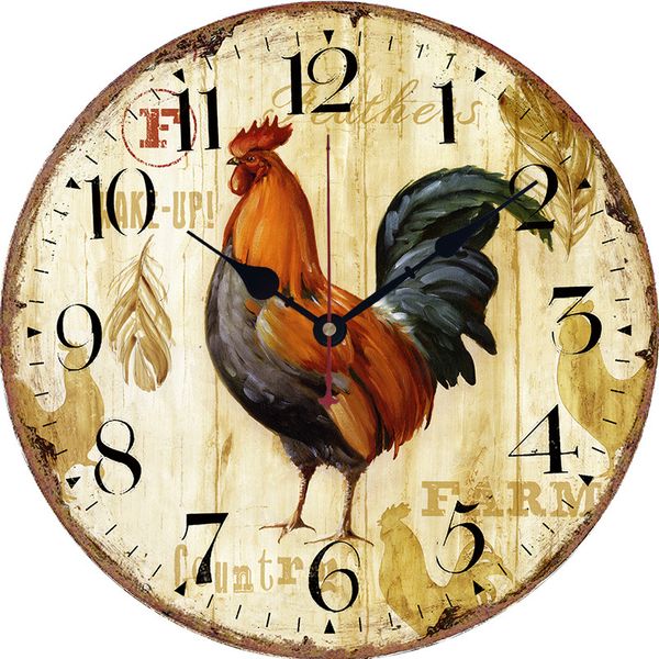 

nordic creative retro wooden rooster round clock wall clock modern design kitchen study bedroom mute decorative quartz