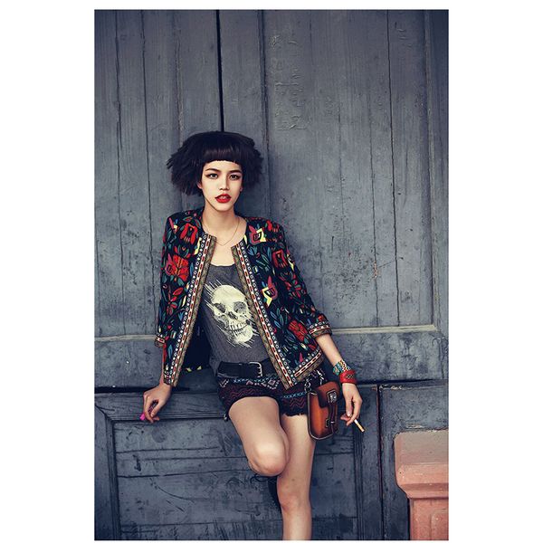 

women coat autumn harajuku clothes short jackets floral print o neck slim for young lady vintage plus size outerwear, Black;brown