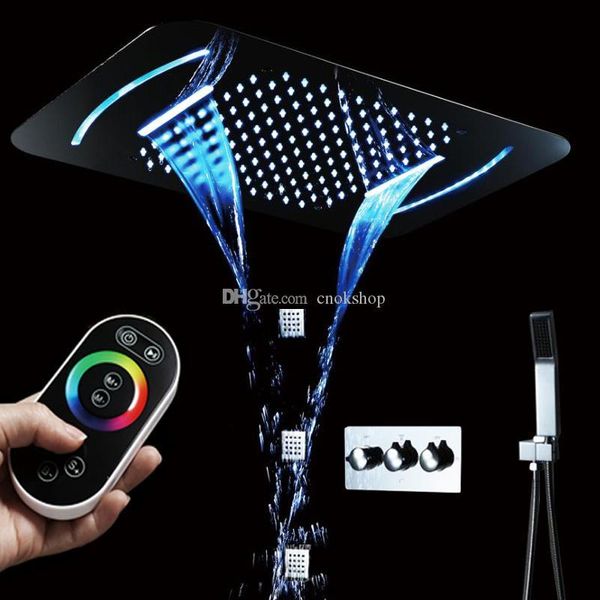 

waterfall rainfall shower set 4 function cold mixer valve mirror panel rain bathroom led shower 64 colors big bath shower faucet system