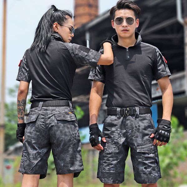 

camouflage uniform summer short sleeve tactical t shirt shorts suit men women army fans outdoor combat training clothes, White;black