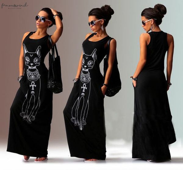 

cute women summer cat print sleeveless twill pencil dress long maxi dress party beach sundress gray white, Black;gray