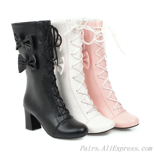 

sweet pricess mid-calf boots girls butterfly-knot lace up square high heels short boots women round toe fashion plus size 35-43, Black