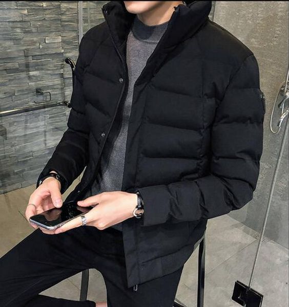 

new men solid color cotton padded winter jacket coat mens warm jackets male solid color stand collar zipper thick coats, Black