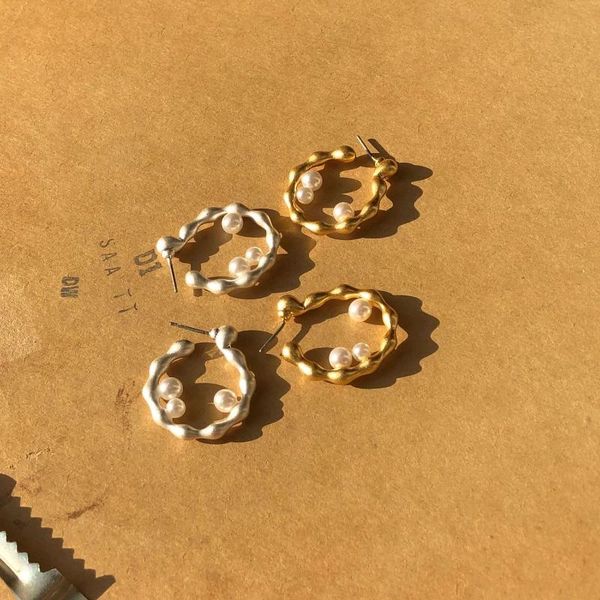 

korean new handmade elegant baroque pearl earring cute hoop earrings for women students circle boucle d'oreille jewelry gifts, Golden;silver