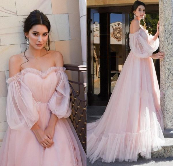 

pale pink vintage fancy princess prom dresses off shoulder puffy sleeves 2020 formal evening pageant gowns plus size, Black