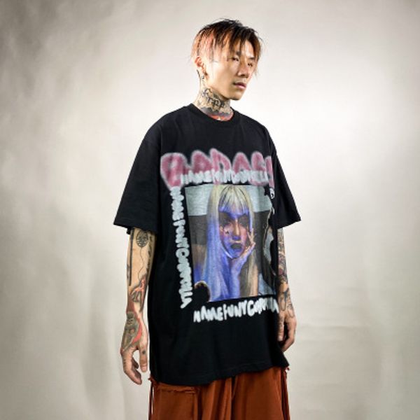 

men women streetwear 2020 summer fashion characters printing over tide tees mens casual loose hip-hop t-shirts women oversize clothing, White;black