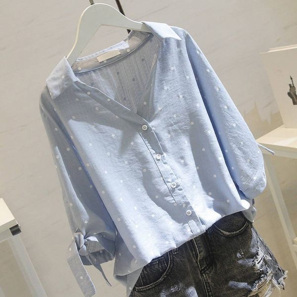 

v neck white blouse women half sleeve polka dot bow loose shirt 2019 new lady black blue office shirt plus size 5xl