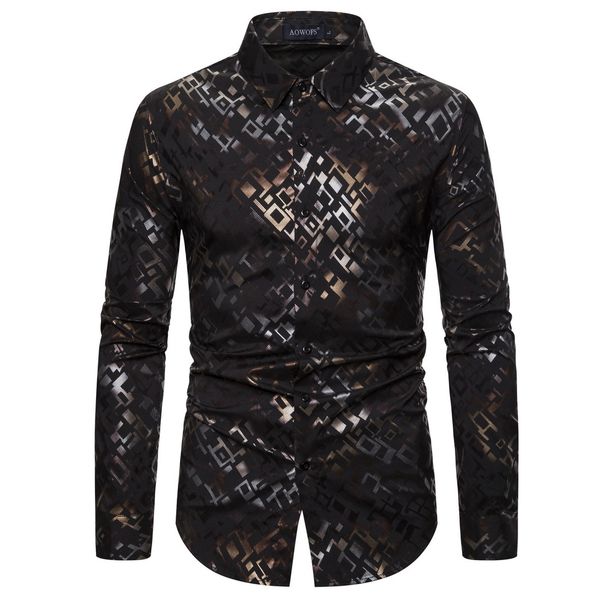 

spring new casual mens long sleeve shirt digital bronzing printing stretch shirt, White;black