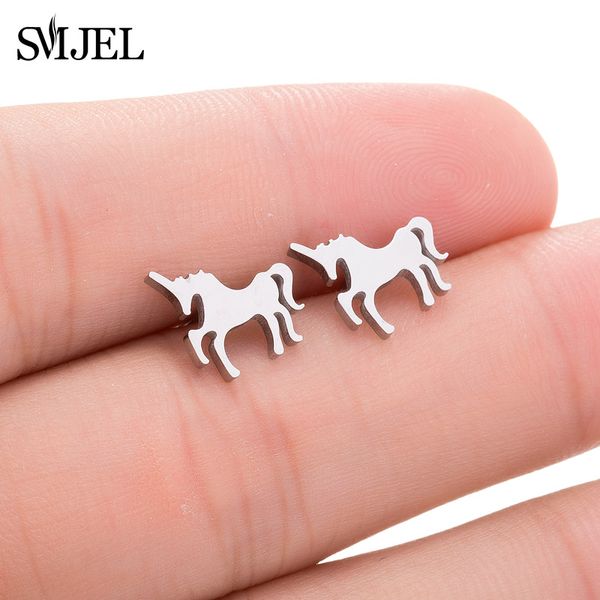 

smjel unicorn earrings women stainless steel jewelry punk lucky animal horse stud earring piercing christmas gifts girls, Golden;silver