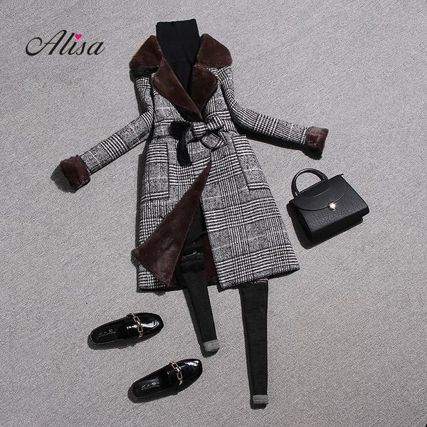 

ladies winter coats fashion long sleeve plaid slim woolen overcoat 2018 new women wool keep warm medium long coat abrigo mujer, Black
