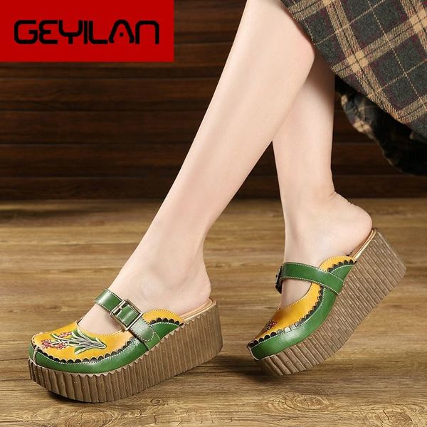 

2020 wedge slides shoes women cover toes buckle flower cut out summer female genuine leather platform slippers, Black
