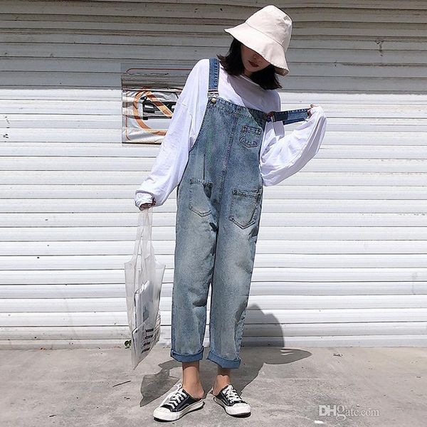 

women denim jumpsuit bib jeans overalls casual basic washed jeans trousers leisure loose pants wide leg rompers, Black;white