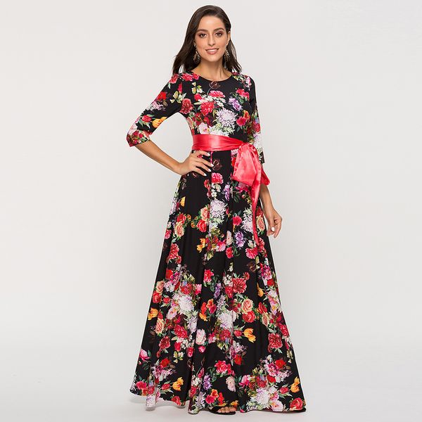 

women's printed long skirt with seven-sleeve lace bohemian dress, Black;gray