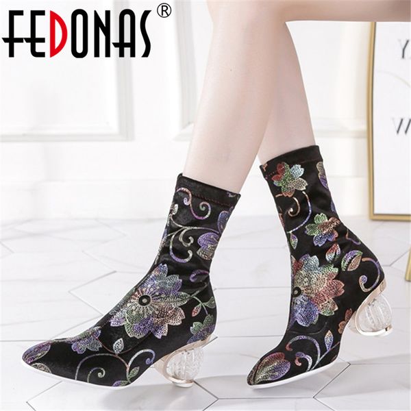 

fedonas 2020 new embroider women high heels mid-calf boots autumn winter party boots elegant prom dancing shoes woman, Black