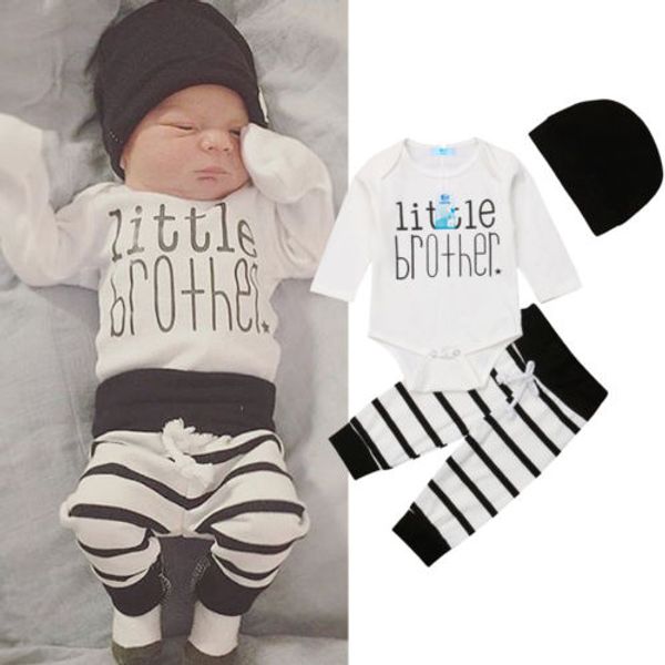 

2020 3pcs newborn infant baby long sleeve letter bodysuit+strip pants+hat outfit boy spring autumn clothes set, Pink;blue
