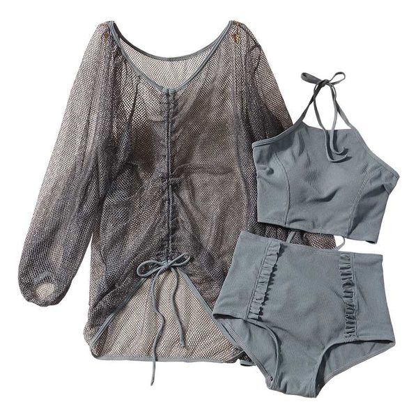 

bikinis set 2021 women solid high waist three-pieces bikini bandage bathing suit swimwear summer ladies swimsuit swim biquinis