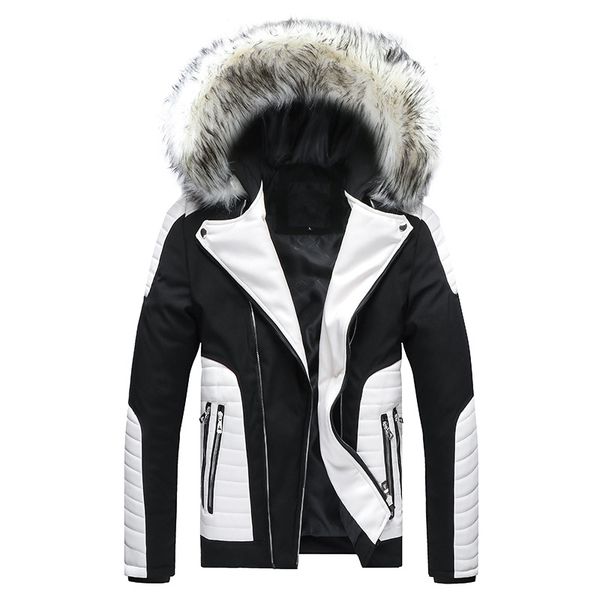 

winter men's cotton coat new fur collar detachable hooded pu jacket europe large size thick cotton clothing doudoune homme, Black