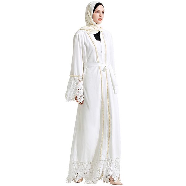 

womens' elegant modest muslim islamic clothing arab long sleeve full length pearls lace hem white abaya dress with belt, Red