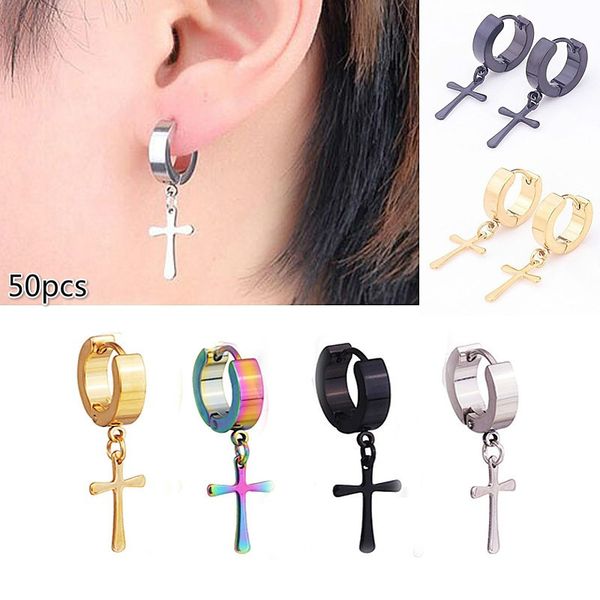 

50pcs classic glossy cross earring personality wholesale punk titanium stainless steel hoop earrings with cross for men women, Golden;silver