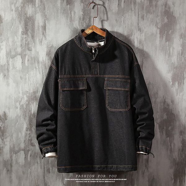 

feitong men's pullover denim jacket autumn winter pockets fashion casual large size tooling jacket denim jackets male top, Black;brown