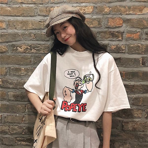 

100 pure cotton 2020 east gate coat t-shirt cartoon sailor letter t-shirt women's short sleeve simple all-match summer, White