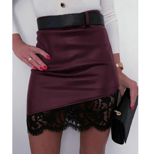 

fashion women's skirt hollow lace high waist leather skirt ladies casual mini half faldas mujer moda 2020 w4, Black