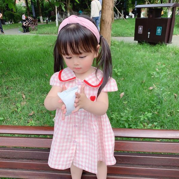 

summer 2020 new arrival korean style for sweet baby girls short sleeve plaid dress with heart pattern and cute collar, Red;yellow