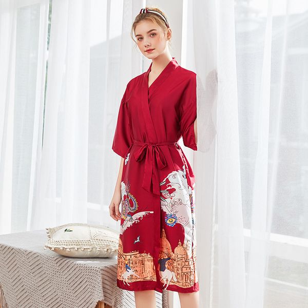 

burgundy silky sleep kimono robe womans bath gown yukata nightgown sleepshirts spring lady home wear nightwear pijama mujer, Black;red